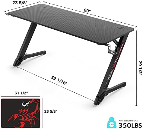 It's_organized Gaming Desk, 60 polegadas Z em forma de fibra de carbono em forma de superfície PC PC Tabel Gamer Gamer