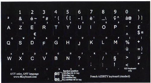 4Keyboard French Azerty não transparente adesivo de teclado para laptop, desktop com letras brancas e fundo preto