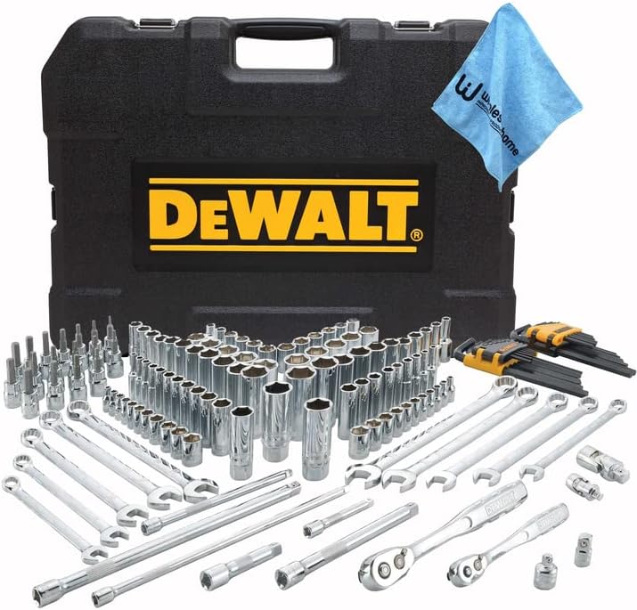 Setorgrafia mecânica de DeWalt e chave de chave, 156 machados de ferramentas mecânicas variadas à mão, peças de 1/4 -3/4 com acabamento polido, pano de atacado incluído