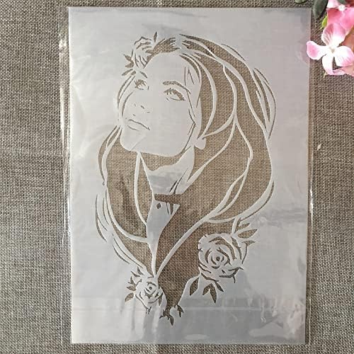 Tiamech A4 Rose Girl Stencils Para pintar em madeira reutilizável para cabelos compridos