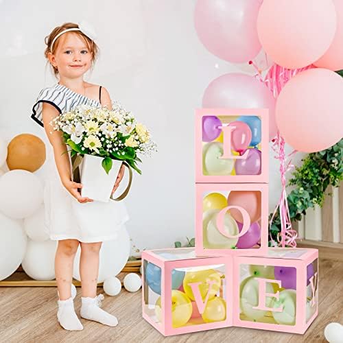 Joyypop Baby Boxes com cartas de 42pcs para chá de bebê, bloqueios de balões transparentes para revelação de gênero, chuveiro de noiva, decorações de festas de aniversário (rosa