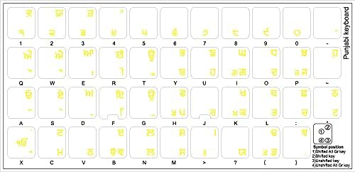 Adesivo de teclado Punjabi com letras amarelas em fundo transparente para desktop, laptop e caderno