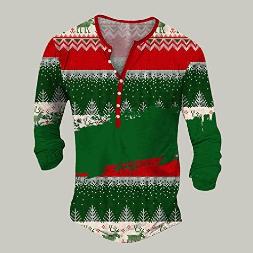 ZDDO Christmas Henley camisas para homens feios de natal rena Snowflake Impressão de manga longa V de pescoço para