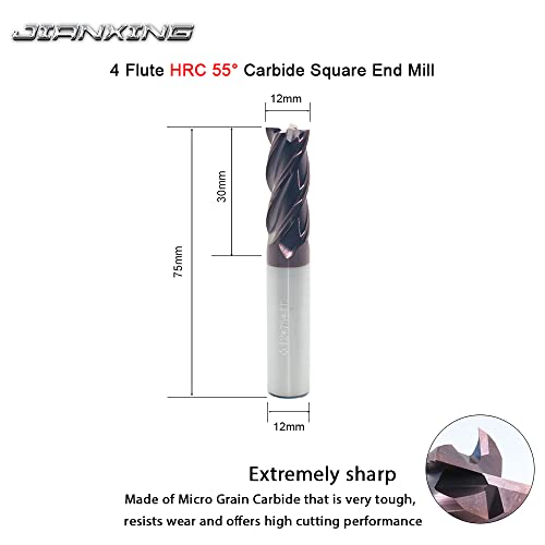 Jianxing 12mm de moinho de extremidade quadrada de carboneto de 12 mm, 4 ferramentas de corte de flautas, HRC 55 graus,