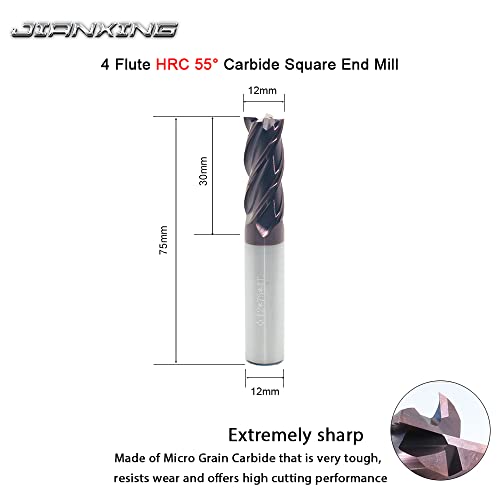 Jianxing 12mm de moinho de extremidade quadrada de carboneto de 12 mm, 4 ferramentas de corte de flautas, HRC 55 graus, revestimento tialn, cortador de fábricas de ponta de ponta de ponta de nariz de haste de haste reta, bits de roteador CNC, usados ​​em aços de liga/aços endurecidos/aços en