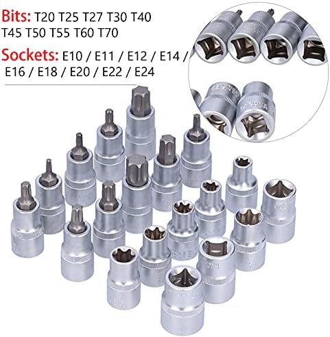 Soquetes de bits fydun ， 19pcs metal pentalobe star bits kit kit masculino feminino e soquetes 1 / 2in Drive T20-T70 / E10-E24