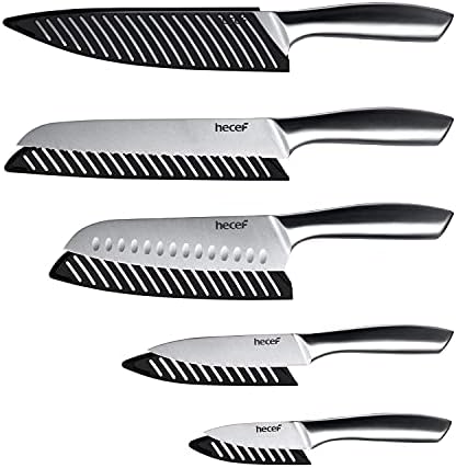 HECEF Silver Kitchen Kitchen Conjunto de 5, lâmina de acabamento de cetim com alça oca, inclui 8 chef, 8 pão, 8 Santoku, 5 Utility e 3,5 de faca de paring