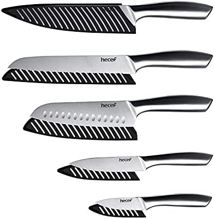 HECEF Silver Kitchen Kitchen Conjunto de 5, lâmina de acabamento de cetim com alça oca, inclui 8 chef, 8 pão, 8 Santoku,