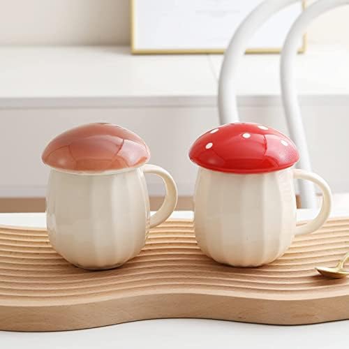 Caneca de café engraçada de gluutoyashop, canecas de café kawaii cogumelos com tampa de chá de café cerâmica