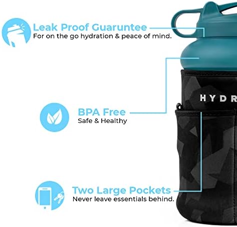 Hydrojug Sleeve - Bolsa de neoprene isolada com vários bolsos para 64 onças de meio galão com alça de ombro opcional - bolsos de armazenamento para telefone celular, cartões, chaves, carteira e itens essenciais