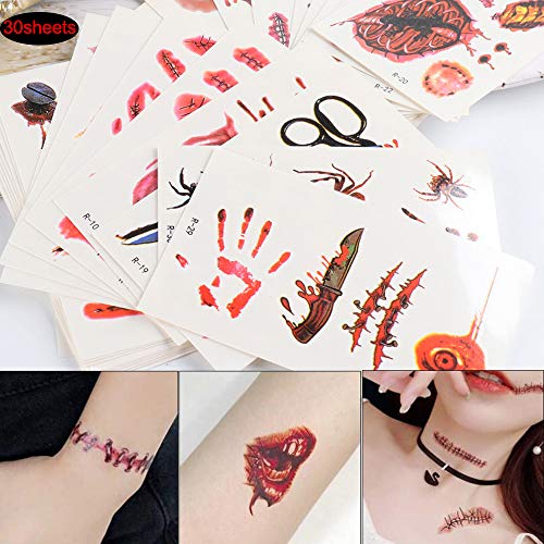 Halloween Tattoo Tattoo Adesivos Dia do dia Tatuagens temporárias 30 folhas Blood Scar Água Tatuagem Temperada de Água
