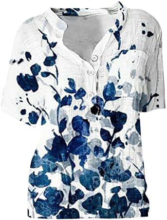 Tops de linho de algodão para mulheres Button Down V Bloups de pescoço Tops 2023 camisetas de impressão floral Busine