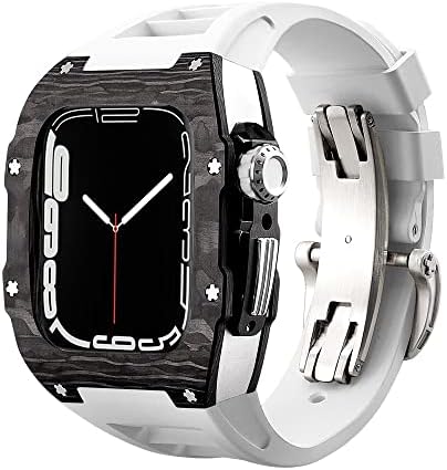 Caixa de fibra de carbono Kanuz Luxury Strap para Apple Watch 8 7 45mm Capa de banda Fluorine Rubber Mod Kit para Iwatch 6 5 4 Se 44mm Bracelete