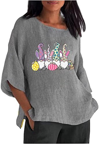 Camisas de Páscoa para Mulheres Crewneck Gnome de Páscoa Top Top 3/4 Manga Cavalas de linho de algodão Bloups Pullover casual solto