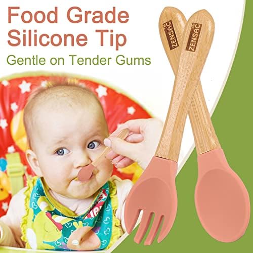 Placa de bebê de bambu Zensac com sucção, prato de comida com colher de silicone e garfo, placa de bebê natural para bebês e