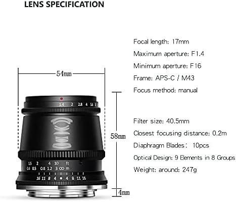 Ttartisan 17mm F1.4 Manual APS-C Foco de câmeras de abertura grande ângulo amplo Compatível com Nikon ZFC Z Mount Camera Z6 、 Z7 、 Z50 、 Z5 、 Z6ii 、 Z7ii