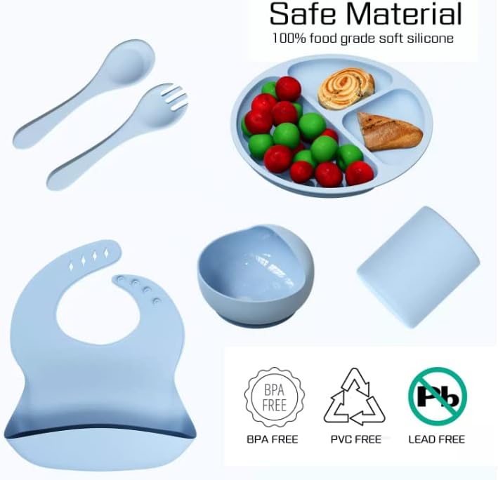 Conjunto de alimentação de sucção de silicone, 6 peças, desmame para bebê/criança, tigela, prato, garfo, colher, babador, copo,