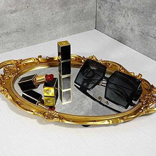 Qualityin Golden Oval Vintage Bandeja espelhada, bandeja de espelho decorativo para perfume e maquiagem, bandeja de espelho