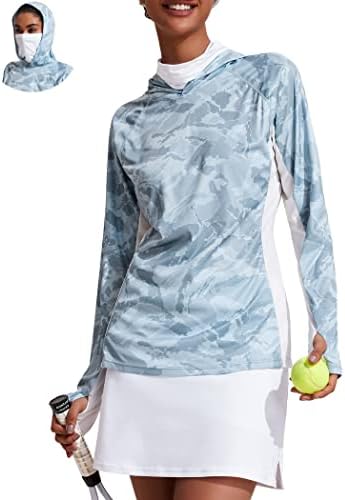 Camisa de capuz de proteção solar UPF mais feminina com máscara de máscara de resfriamento rápido SPF camuflado de manga comprida