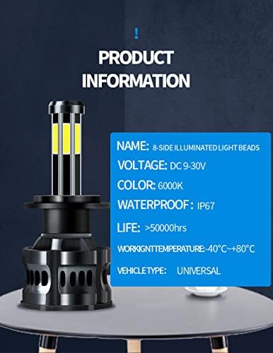 Bulbos de farol de LED H11/H8/H9, 8 lados 360 graus 300W 12000lm 6000k Branco LED LED Kits de conversão de feixe alto