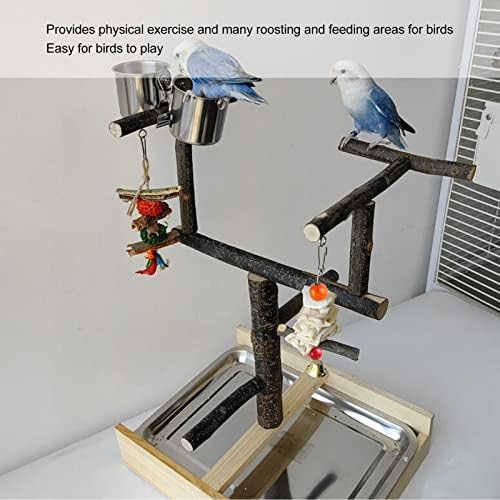 Playstand de papagaio de madeira, colorido interativo de pássaro stand Play Center Parrot Police com copo de alimentação de barbante
