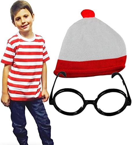 MA Online Kids chapéu de malha de malha de óculos de camiseta vermelha e branca Acessório de vestido sofisticado