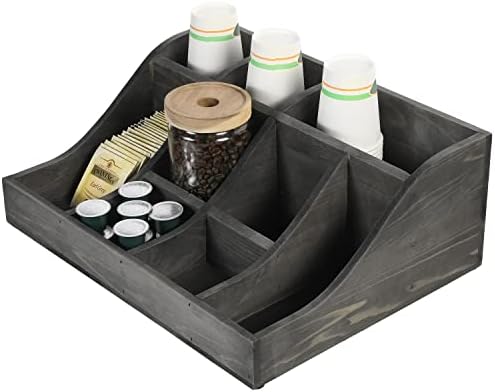 Mygift vintage de bancada de madeira cinza organizador de café, caddie de armazenamento de chá e titular de condimentos com 9 compartimentos