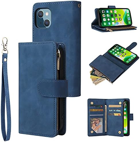 Caixa da carteira UEEBAI para iPhone 13 mini 5,4 polegadas, premium slots de caixa de bolso de bolso de bolso de bolso de bolso de estojo de bolso com zíper de bolso com zíper com pulso com pulso tpu à prova de choque - azul - azul