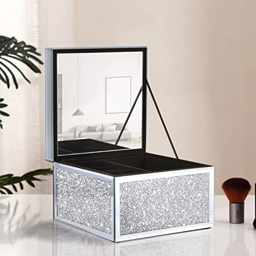 Momngne Bling Crystal Silver Crushed Diamond Glass espelhado caixa de jóias, estojo de armazenamento de exibição do organizador para anéis Brincos de colar, caixas de jóias para mulheres