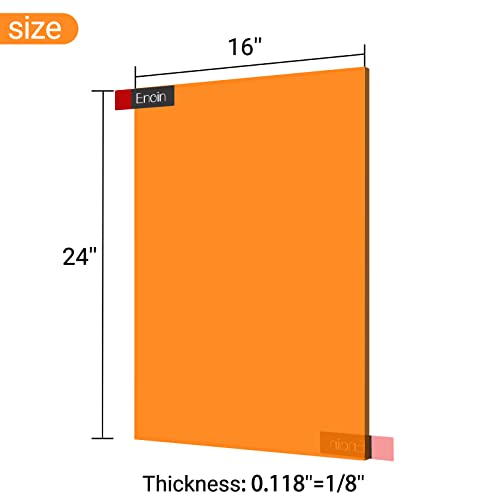 Enoin 1 pacote 16x24 polegadas laranja translúcido acrílico/plexiglasse folha 0,118 '' 1/8 de espessura, painel de placa