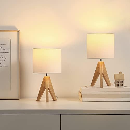 Dewenwils Pequeno candeeiro de mesa, lâmpada de tabela de tripé de madeira com tonalidade de tecido de linho branco, lâmpada