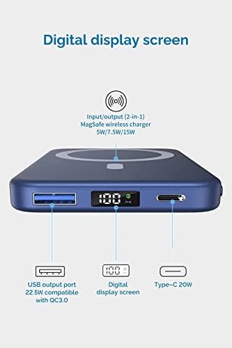 Deksmo Wireless Power Bank 10000mAh Carregamento rápido, carregador portátil magnético Slim USB C PD 22,5W, tela pequena