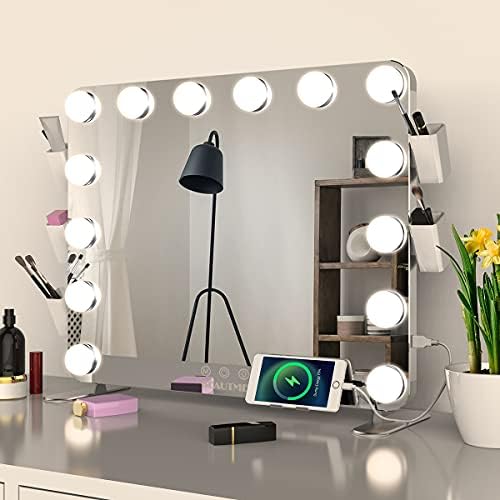 Espelho de vaidade beautma com luzes, espelho de maquiagem com espelho de ampliação de 10x com suporte para celular