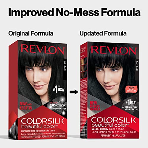 Cor de cabelo permanente por Revlon, tintura de cabelo permanente, Colorsilk com cobertura cinza, livre de amônia, queratina e aminoácidos, 10 preto, 4,4 oz