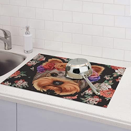 Yorkie Dog Floral Impresso Kitchen Secying Microfiber Microfiber Dish Pad para restaurante de cozinha absorvente de dupla face 18x24in