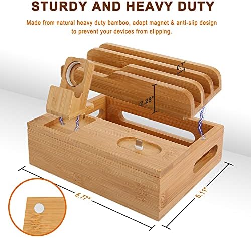 Estação de carregamento de bambu para dispositivos múltiplos com 5 USB a porta carregador SendOwtek 6 em 1 suporte