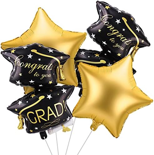 House of Party Black and Gold Graduation Foil Balloons 4 PCs - Balões de estrela de ouro de 18 ”x18” com balão de