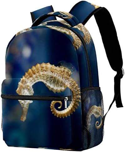 Mochilas da Escola de Padrão para cavalos de mar de cavalos -marinhos amarelos com bolso de garrafa de água, 29.4x20x40cm/11,5x8x16