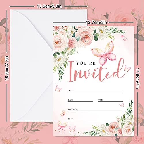 AnyDesign 20 sets Convite de borboleta floral rosa com adesivos de envelopes de 5 x 7 polegadas Cartões de convite de flor