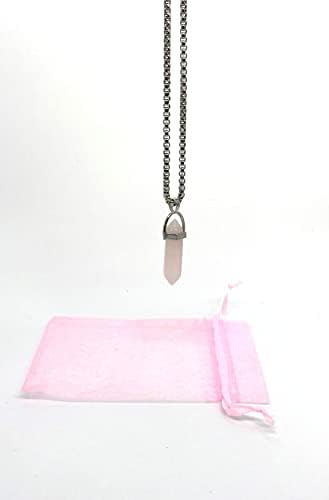 Colar de cristal de cura natural de quartzo rosa em corrente de aço inoxidável de 22 com recipiente decorativo de caixa de madeira