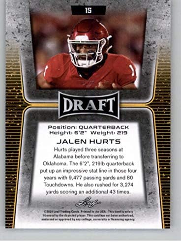 2020 Draft de folhas 15 Jalen Hurts RC Rookie Football Trading Card