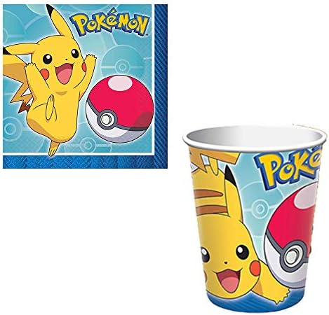 Mega Pokemon Birthday Party Pack por 16 com pratos, xícaras, guardanapos, tampa da mesa, redemoinhos, balões, setter de cena,