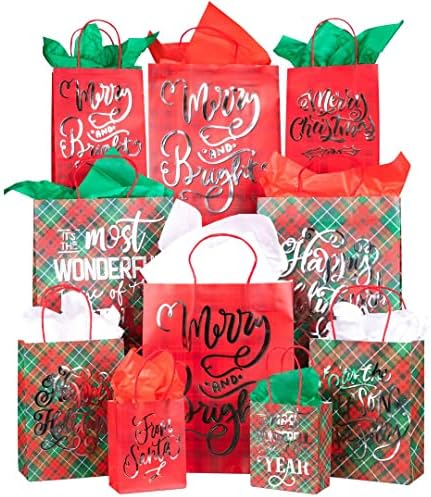 Bolsas de presente de Natal tamanhos variados -24 sacolas de Natal - sacos de acasalamento para presentes com papel de lenço de papel