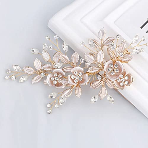 Clipe de casamento de ouro rosa leve Bridal Comb Barrette - peças de cabeça de clipe de flores feitas à mão para mulheres （Light