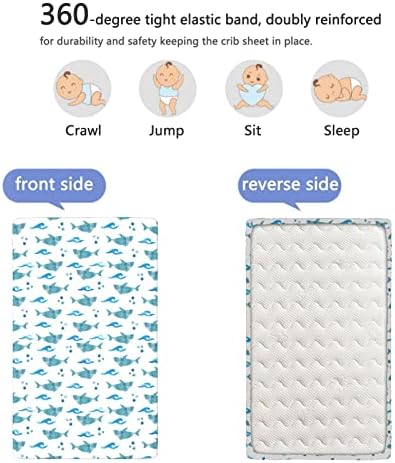 Folhas de mini berço com tema de tubarão, mini-berço portáteis folhas de berço macias e elásticas lençóis de berço de berço ou lençol de cama de criança, 24 “x38“, azul branco pálido azul branco azul