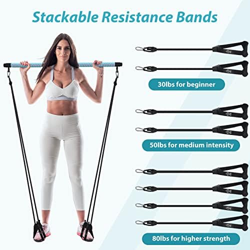 Kit de barra de pilates com 4 faixas de resistência, 3 seções ajustáveis ​​de ioga pilates bastão para mulheres e homens,
