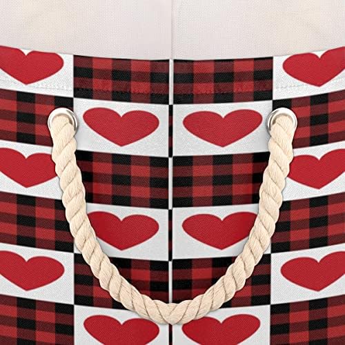 Red Love Love Heart Plaid Grandes cestas redondas para cestas de lavanderia de armazenamento com alças cestas de armazenamento