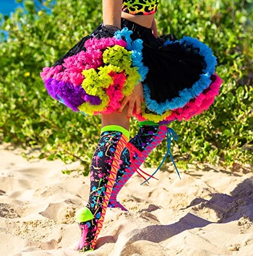 Meias Madmia Color Run, meias brilhantes até os joelhos com cadarços de neon, design de respingos de tinta