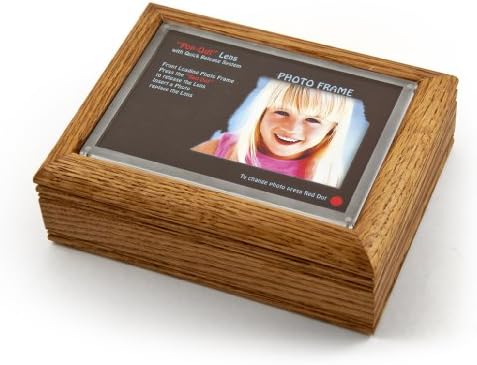 4 x 6 Oak Photo Frame Music Box With New Pop - Out Lens System - Muitas músicas para escolher - Clair de Lune