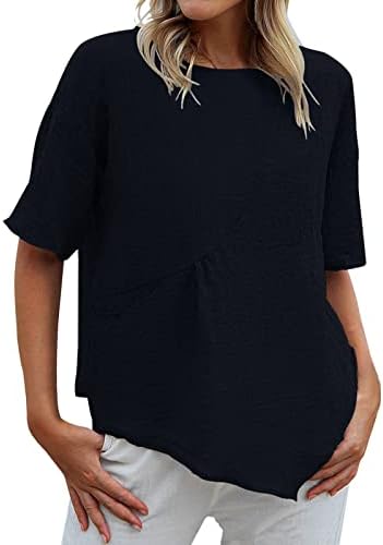 Tampos de linho de algodão de verão para mulheres camisetas de bolso de manga curta Camisas de moda de cor sólida colorido de coloração solta blusas de túnica solta